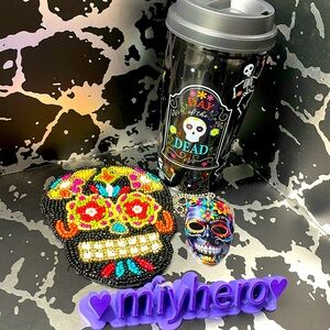 Rachel Zoe beaded coaster with unbranded sugar skull tumbler & bagcharm